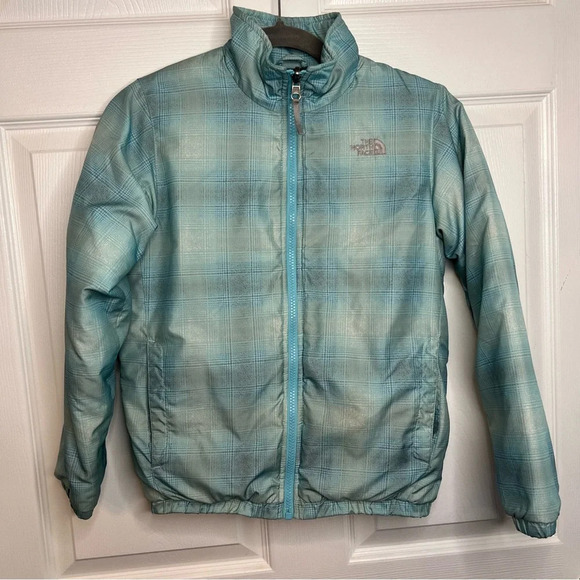 The North Face Girl Puffer Jacket Blue Green Gray Plaid Full Zip Size Medium GUC - Picture 1 of 7